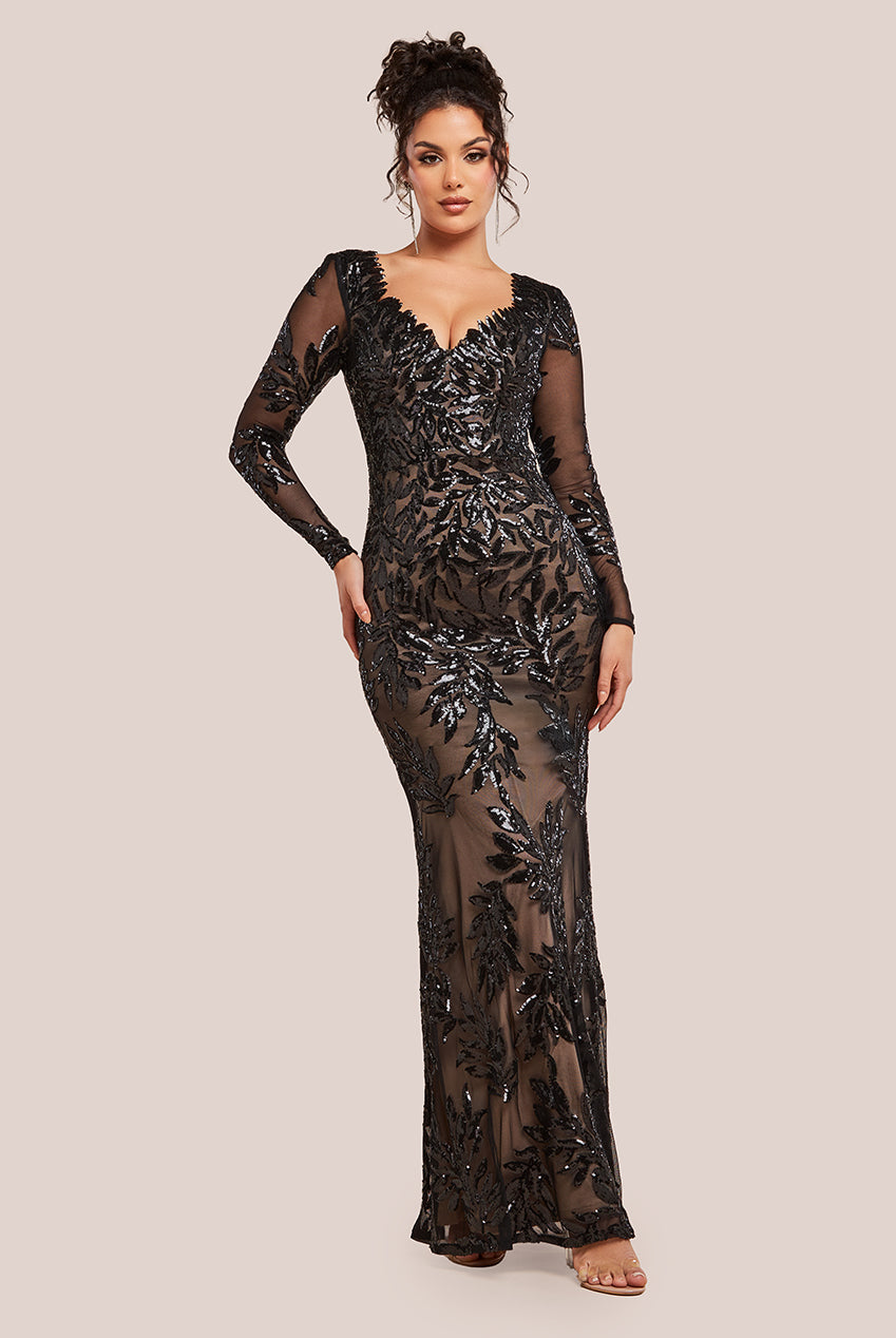 Sequin Leaf Long Sleeve Maxi Dress - Black DR4359