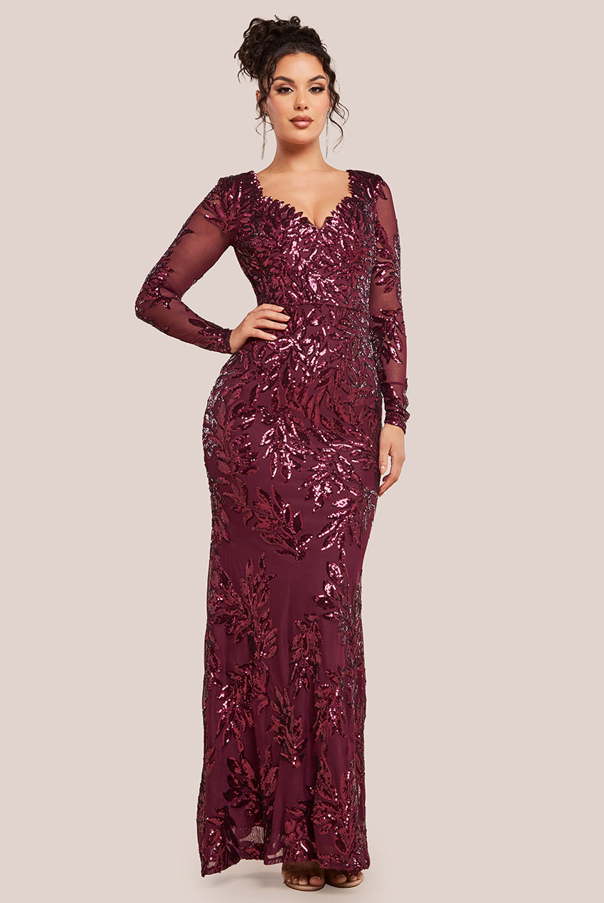 Long Sleeve Sequin Leaf Long Sleeve Maxi Dress - Burgundy DR4359