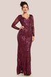 Goddiva Long Sleeve Sequin Leaf Long Sleeve Maxi Dress - Burgundy