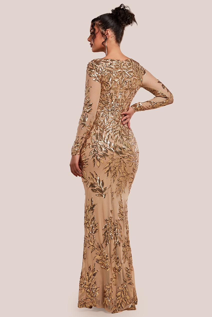 Sequin Leaf Long Sleeve Maxi Dress - Gold DR4359