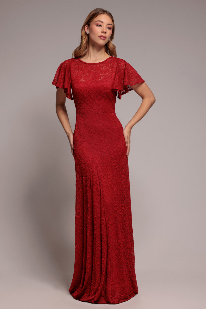 Flutter Sleeve Lace A-Line Maxi Dress - Red DR4361