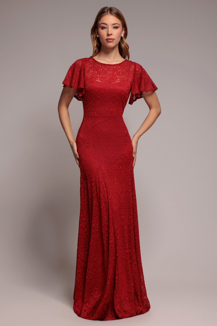 Flutter Sleeve Lace A-Line Maxi Dress - Red DR4361
