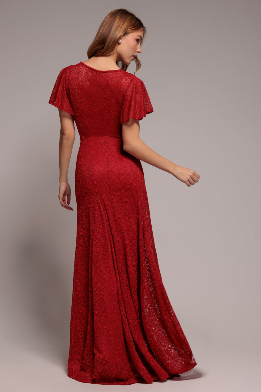 Flutter Sleeve Lace A-Line Maxi Dress - Red DR4361