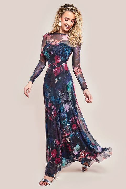 Printed Soft Mesh A-Line Maxi Dress - Black DR4363