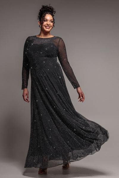 Black - Hotfix Diamante Mesh A-Line Long Sleeve Maxi Dress - Black by Goddiva Plus