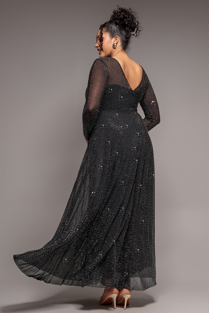Hotfix Diamante Mesh A-Line Long Sleeve Maxi Dress - Black DR4365PLUS