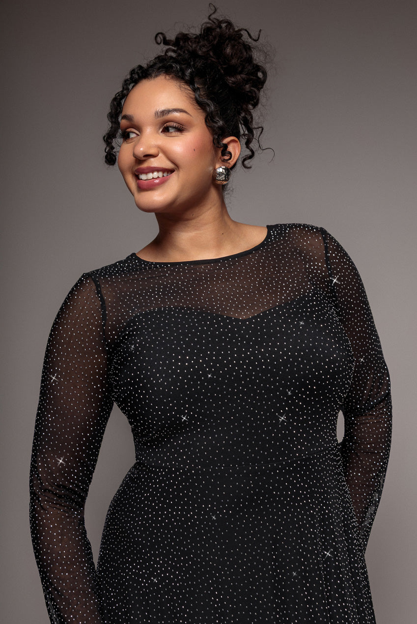 Goddiva Hotfix Diamante Mesh A-Line Long Sleeve Maxi - Black Plus Goddiva Hotfix Diamante Mesh A-Line Long Sleeve Maxi - Black Plus