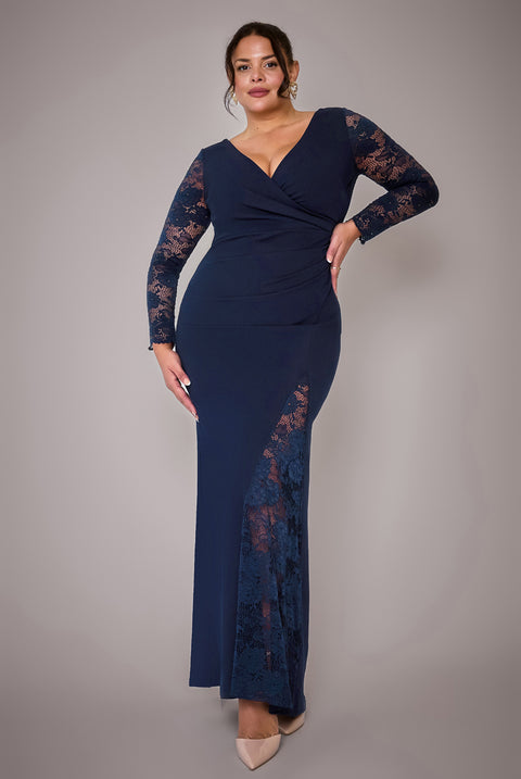 Scuba & Lace Wrap Maxi Dress - Navy Blue by Goddiva Plus