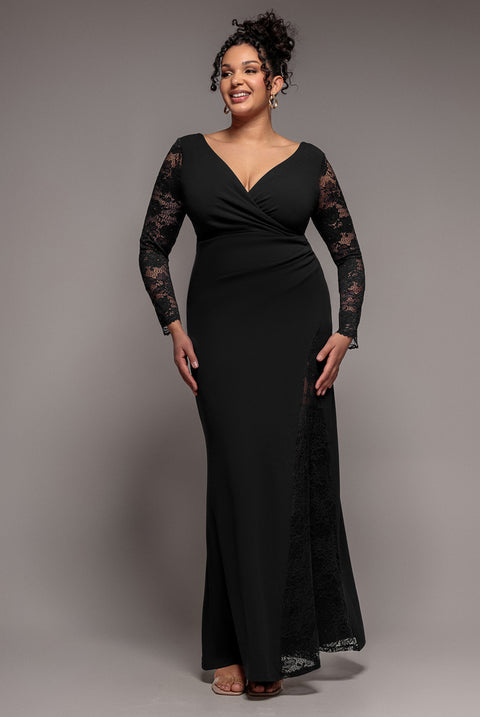Scuba & Lace Wrap Maxi Dress - Black by Goddiva Plus
