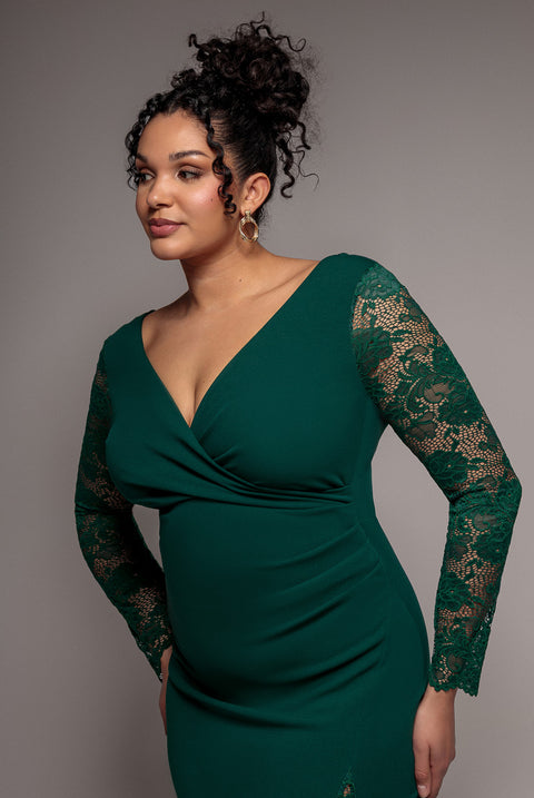 Scuba & Lace Wrap Maxi Dress - Emerald by Goddiva Plus