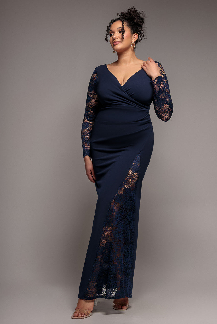 Scuba & Lace Wrap Maxi Dress - Navy Blue DR4366PLUS