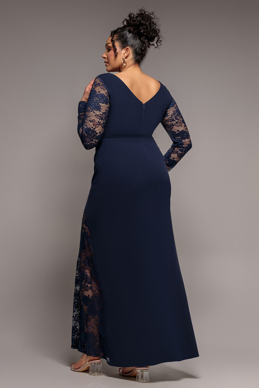 Scuba & Lace Wrap Maxi Dress - Navy Blue DR4366PLUS