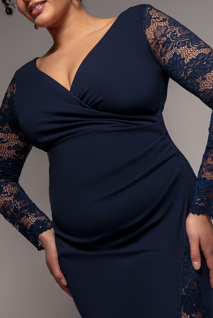 Scuba & Lace Wrap Maxi Dress - Navy Blue DR4366PLUS