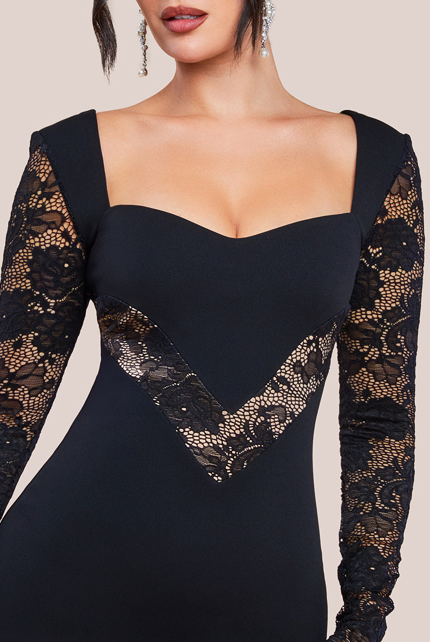 Scuba & Lace Long Sleeve Maxi Dress - Black DR4368