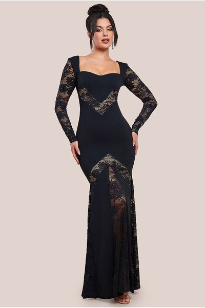 Scuba & Lace Long Sleeve Maxi Dress - Black | Goddiva Scuba & Lace Long Sleeve Maxi Dress - Black | Goddiva