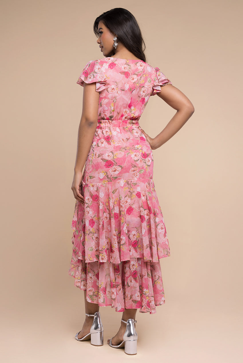 Floral Wrap High And Low Midaxi Dress - Pink DR4369