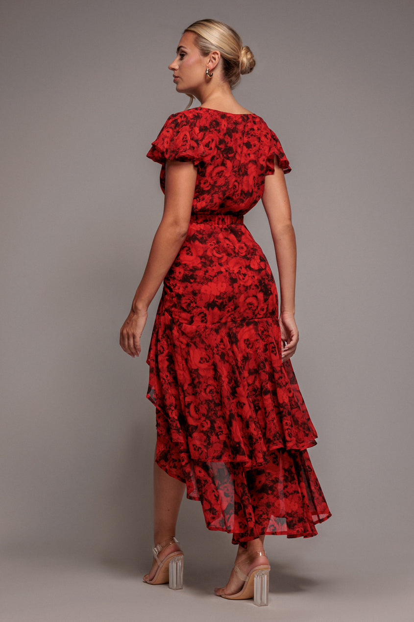Floral Wrap High And Low Midaxi Dress - Red DR4369