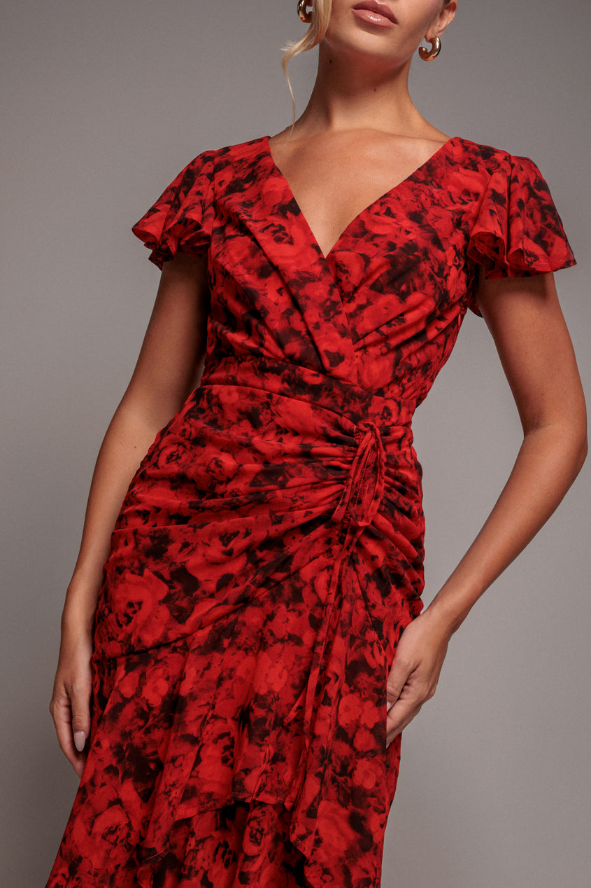 Floral Wrap High And Low Midaxi Dress - Red DR4369