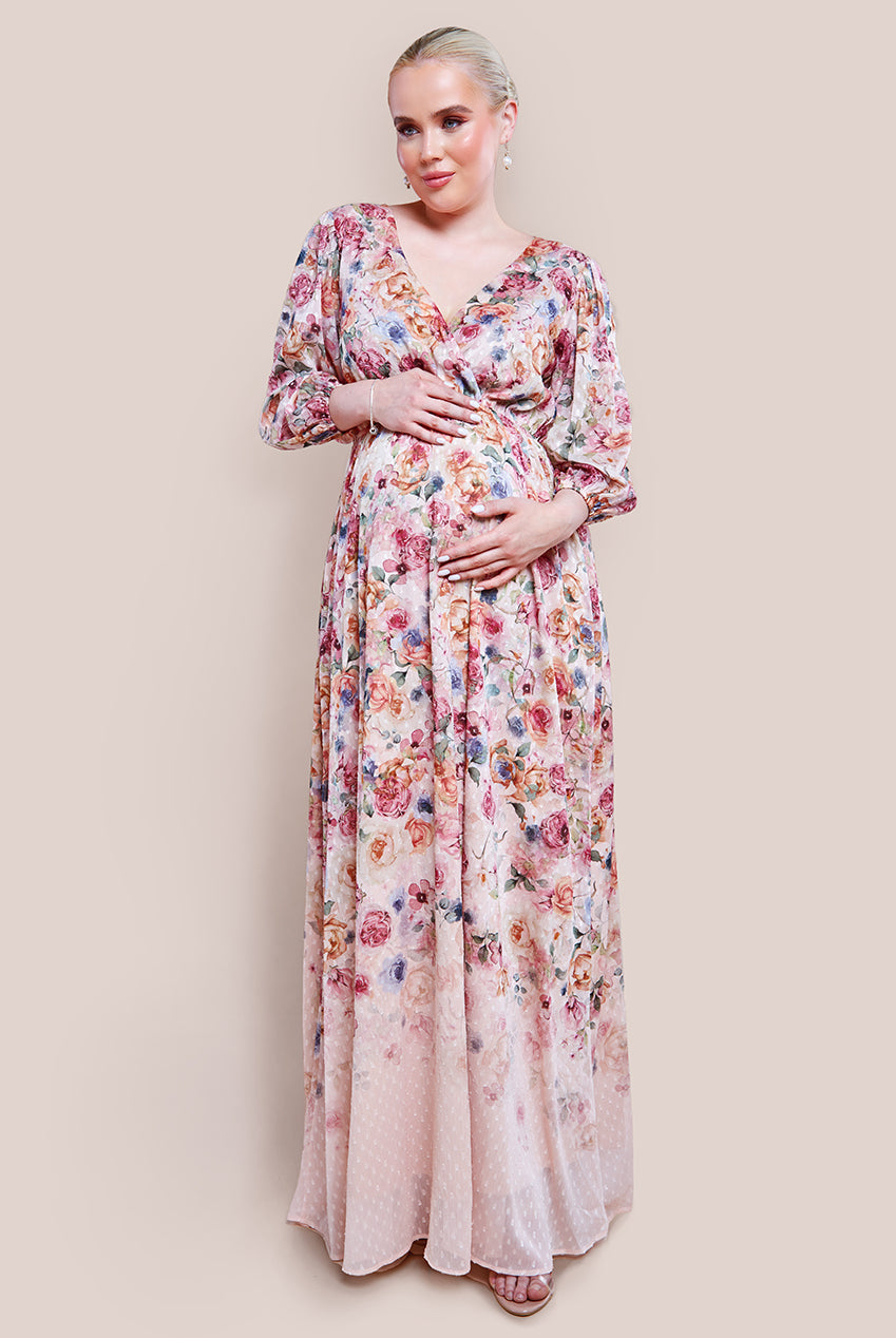 Maternity Ombre Floral Printed Wrap Maxi Dress - Ivory DR4373MAT