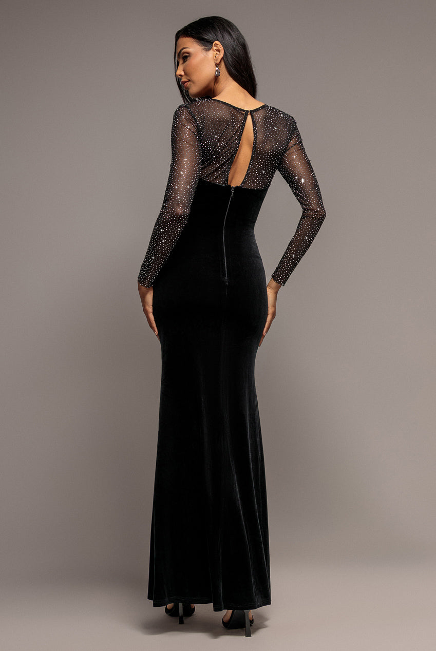 Hotfix Diamante Sleeve Front Split Velvet Maxi Dress - Black DR4383