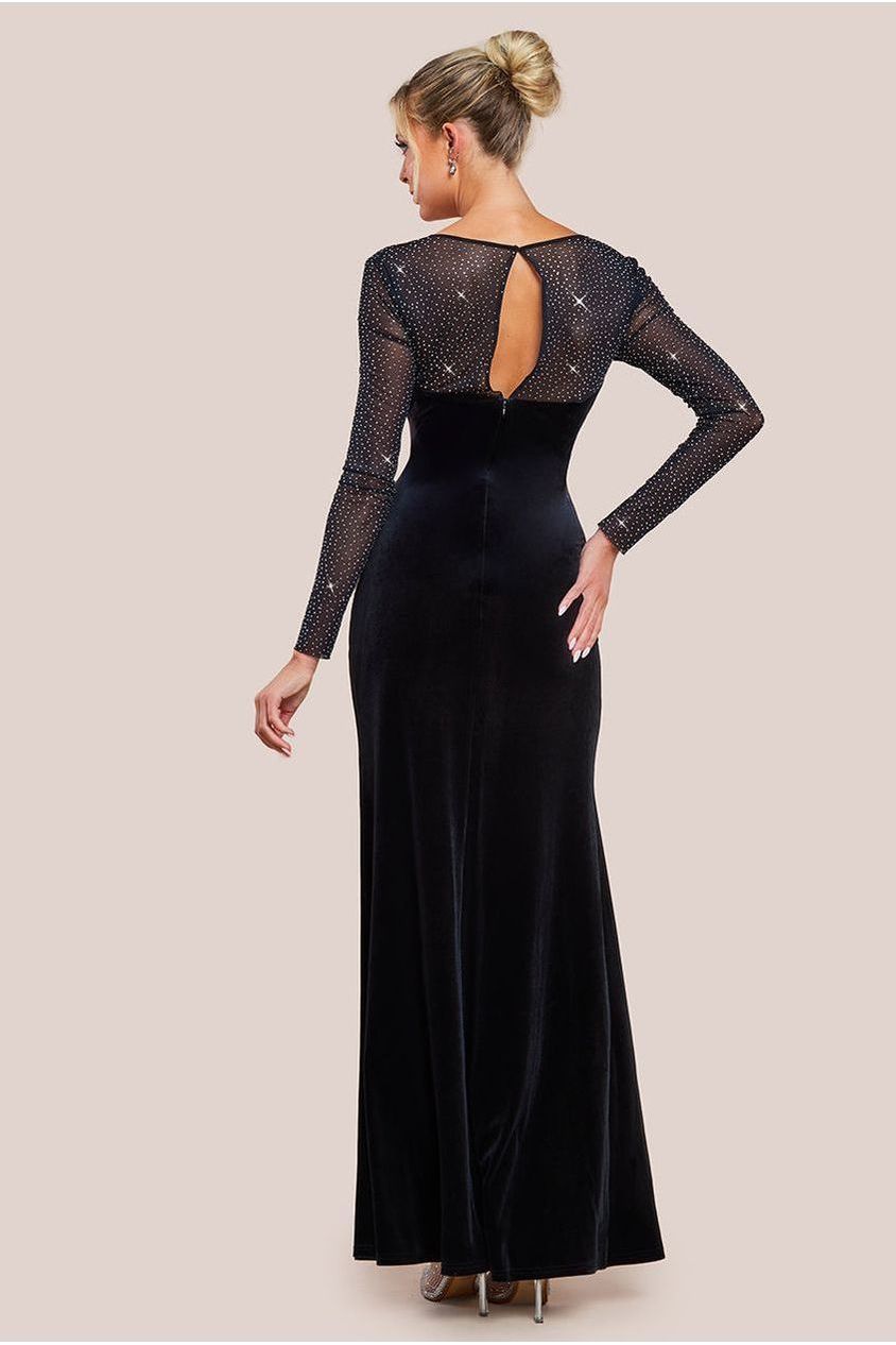 Hotfix Diamante Sleeve Front Split Velvet Maxi Dress - Black DR4383