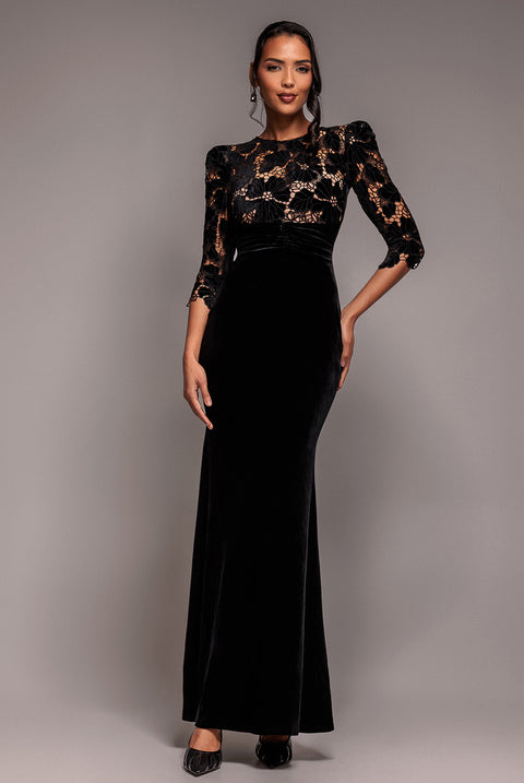 Scalloped Velvet Crochet Maxi Dress - Black by Goddiva
