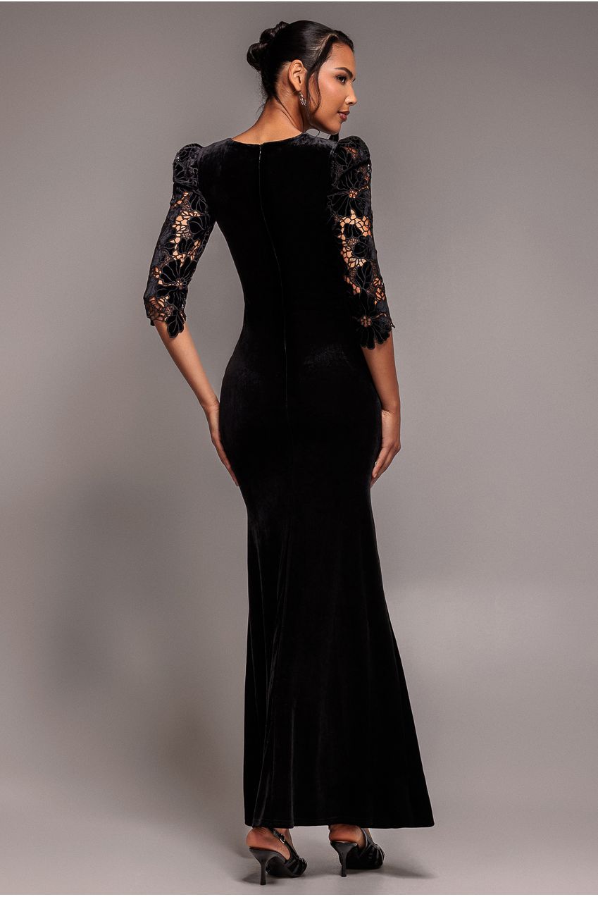 Scalloped Velvet Crochet Maxi Dress - Black DR4386