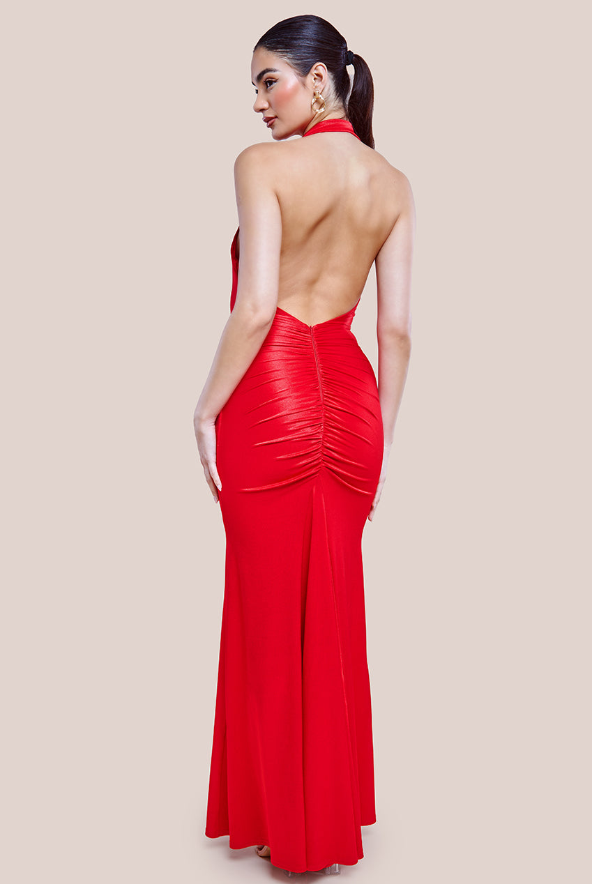 Halter Cowl Neck Back Maxi Dress - Red DR4387