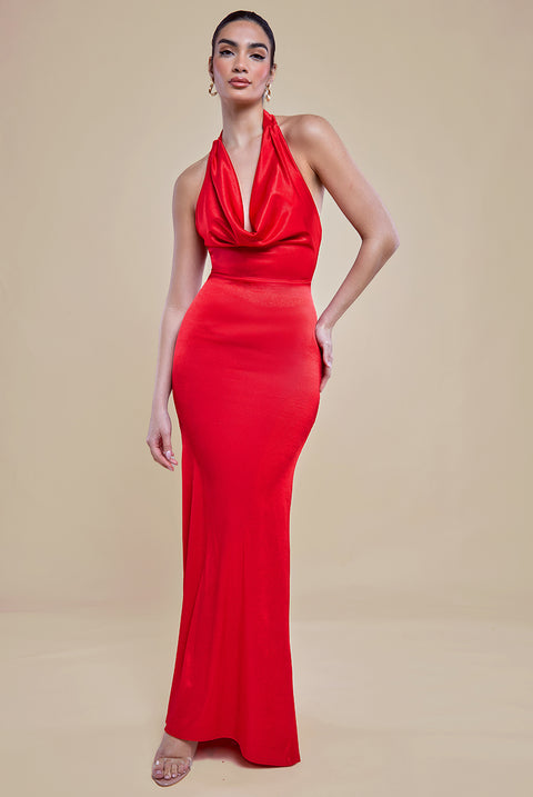 Halter Cowl Neck Back Maxi Dress - Red by Goddiva