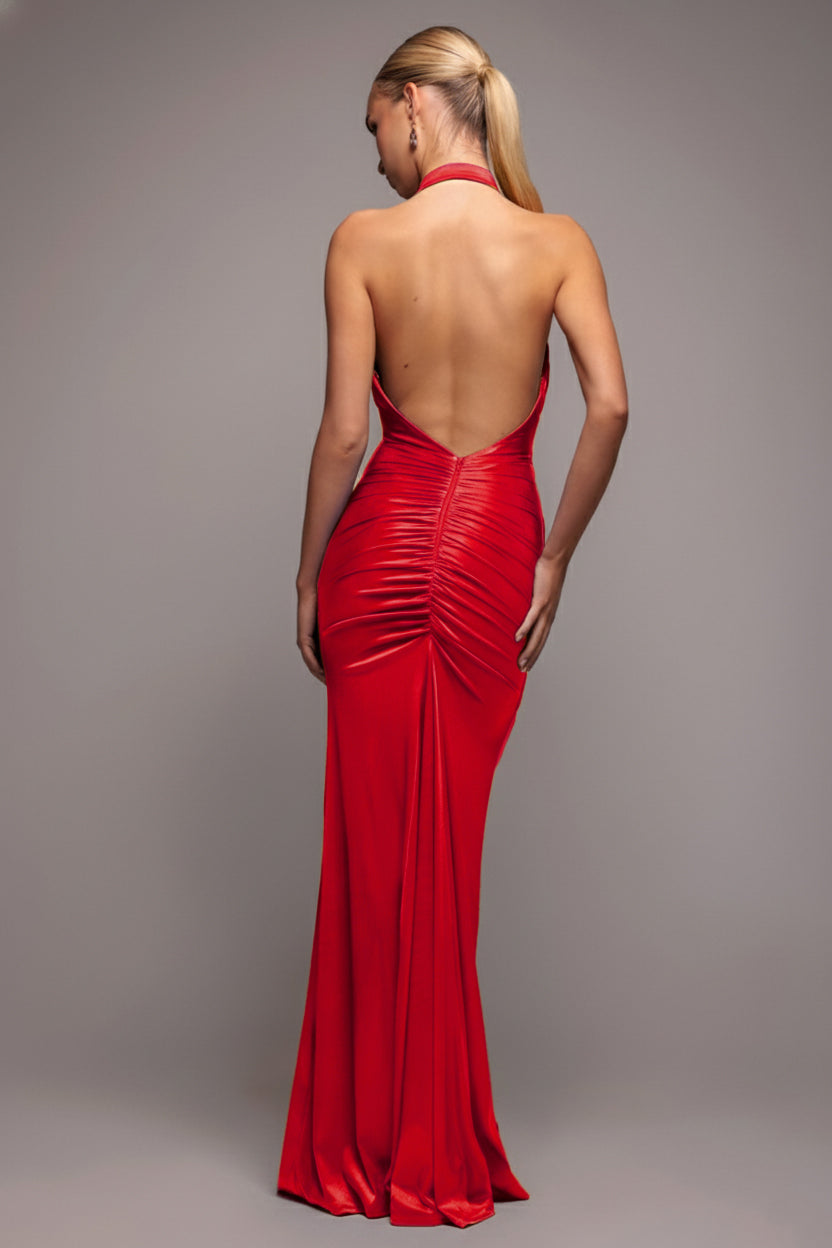 Halter Cowl Neck Back Maxi Dress - Red DR4387