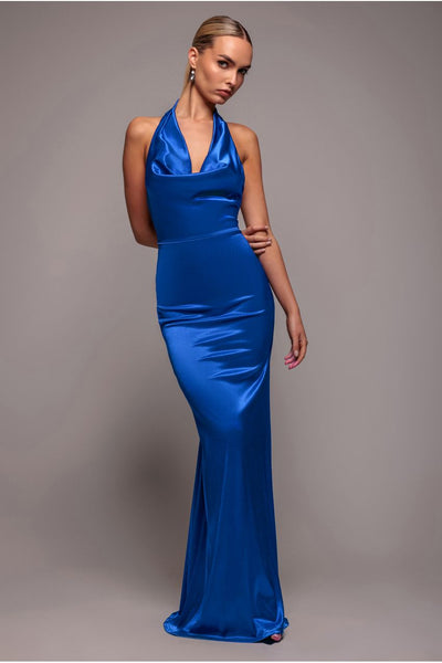 Halter Cowl Neck Back Maxi Dress - Royal Blue by Goddiva