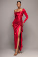 Slinky Satin One Shoulder Split Maxi Dress - Red by Goddiva