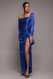 Slinky Satin One Shoulder Split Maxi Dress - Royal Blue by Goddiva