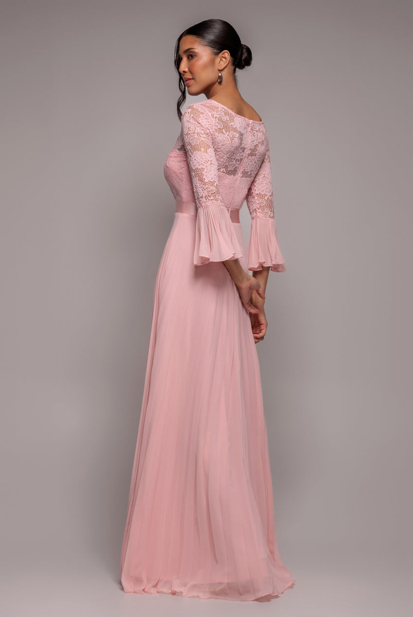 Scalloped Lace Bodice Pleated Chiffon A Line Maxi Dress - Blush Pink DR4390