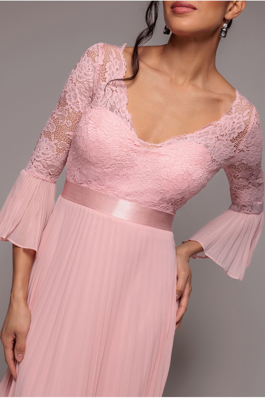 Scalloped Lace Bodice Pleated Chiffon A Line Maxi Dress - Blush Pink | Goddiva Scalloped Lace Bodice Pleated Chiffon A Line Maxi Dress - Blush Pink | Goddiva