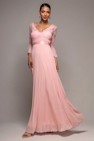 Scalloped Lace Bodice Pleated Chiffon A Line Maxi Dress - Blush Pink by Goddiva