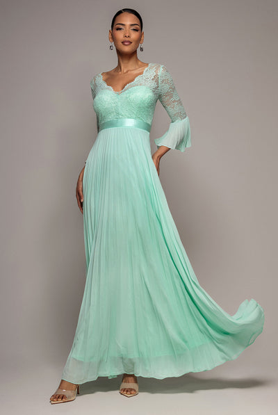 Scalloped Lace Bodice Pleated Chiffon A Line Maxi Dress - Mint Green by Goddiva