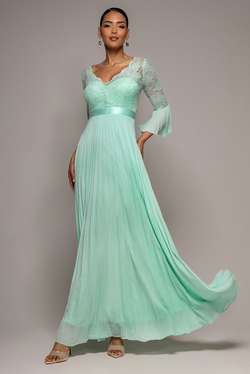 Scalloped Lace Bodice Pleated Chiffon A Line Maxi Dress - Mint Green DR4390