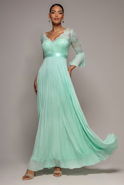 Scalloped Lace Bodice Pleated Chiffon A Line Maxi Dress - Mint Green by Goddiva