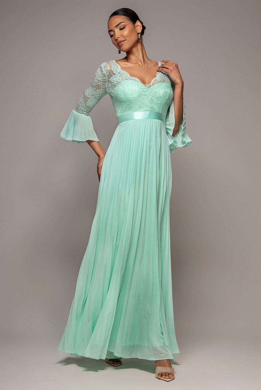 Scalloped Lace Bodice Pleated Chiffon A Line Maxi Dress - Mint Green DR4390