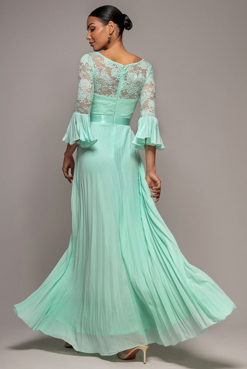 Scalloped Lace Bodice Pleated Chiffon A Line Maxi Dress - Mint Green DR4390