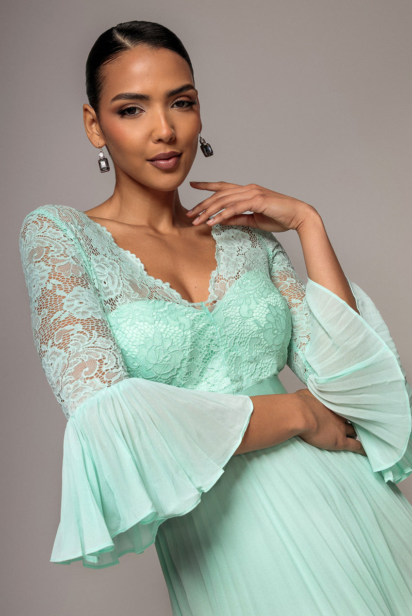 Scalloped Lace Bodice Pleated Chiffon A Line Maxi Dress - Mint Green DR4390