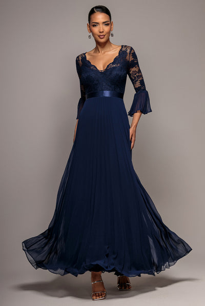 Navy - Scalloped Lace Bodice Pleated Chiffon A Line Maxi Dress - Navy Blue by Goddiva