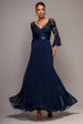 Scalloped Lace Bodice Pleated Chiffon A Line Maxi Dress - Navy Blue by Goddiva
