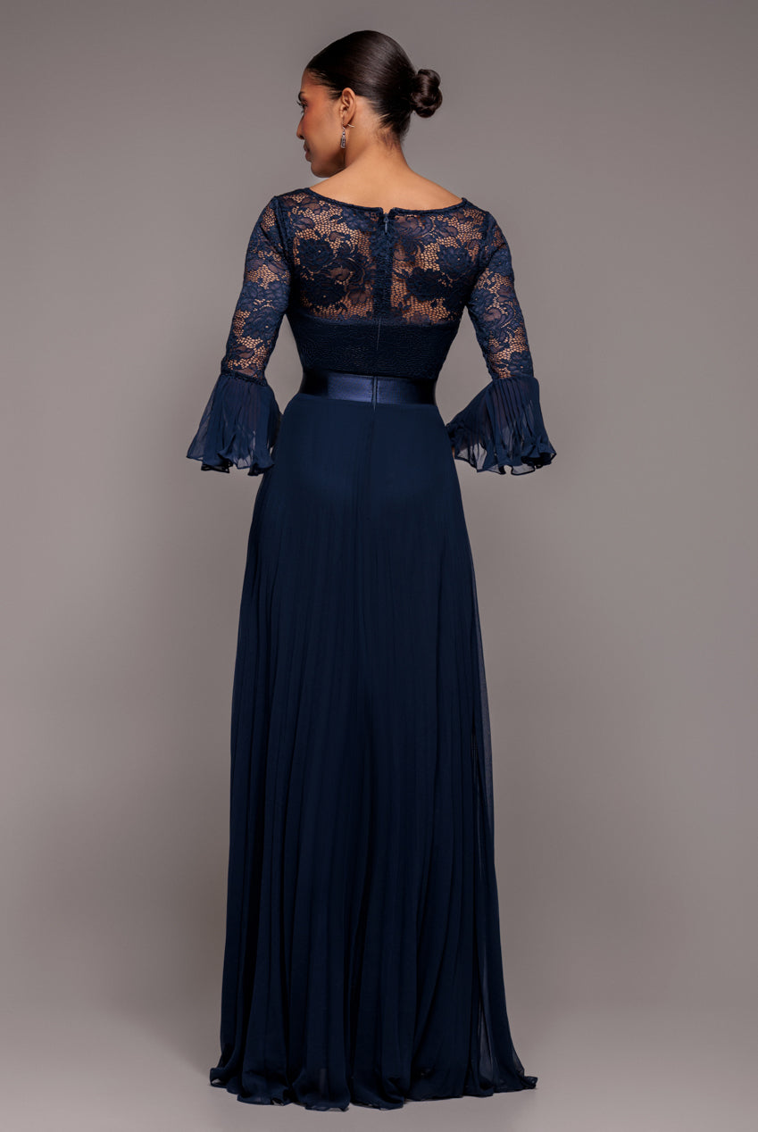 Scalloped Lace Bodice Pleated Chiffon A Line Maxi Dress - Navy Blue DR4390