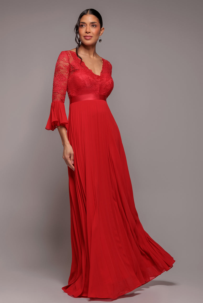 Scalloped Lace Bodice Pleated Chiffon A Line Maxi Dress - Red DR4390