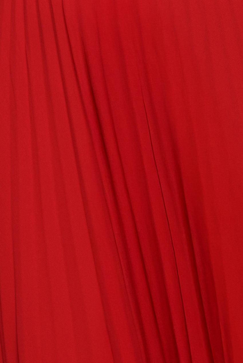 Scalloped Lace Bodice Pleated Chiffon A Line Maxi Dress - Red DR4390