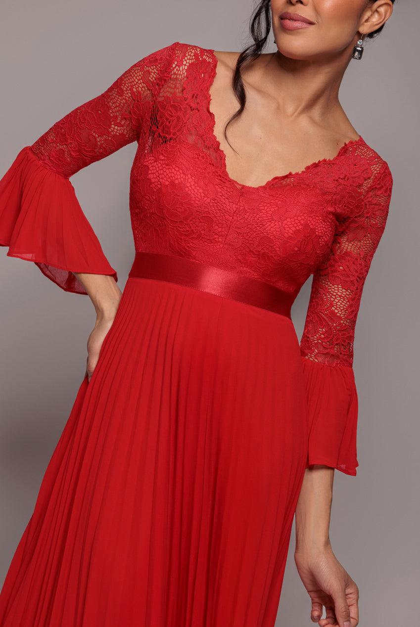 Scalloped Lace Bodice Pleated Chiffon A Line Maxi Dress - Red DR4390