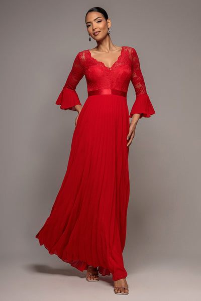 Scalloped Lace Bodice Pleated Chiffon A Line Maxi Dress - Red by Goddiva