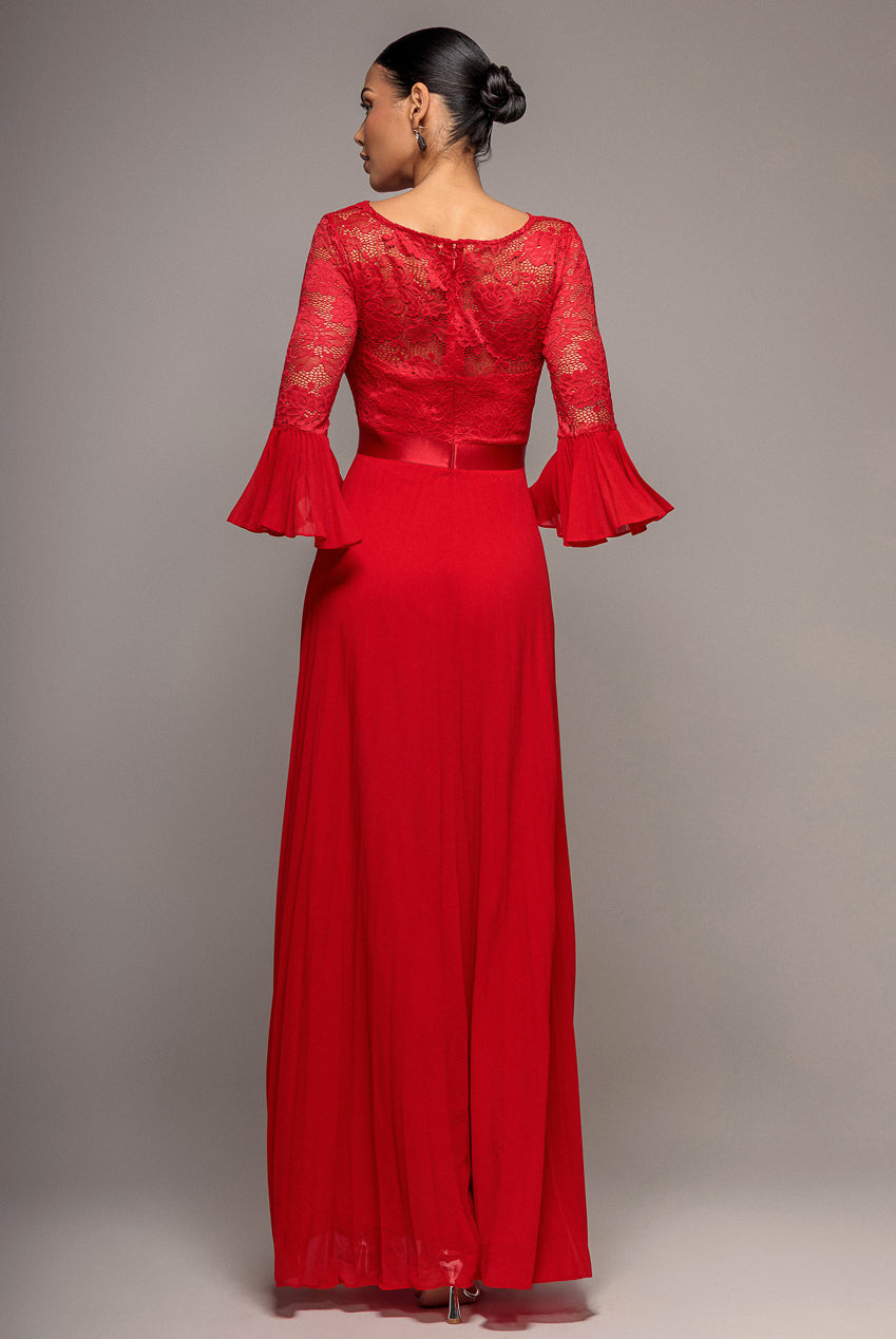 Scalloped Lace Bodice Pleated Chiffon A Line Maxi Dress - Red DR4390